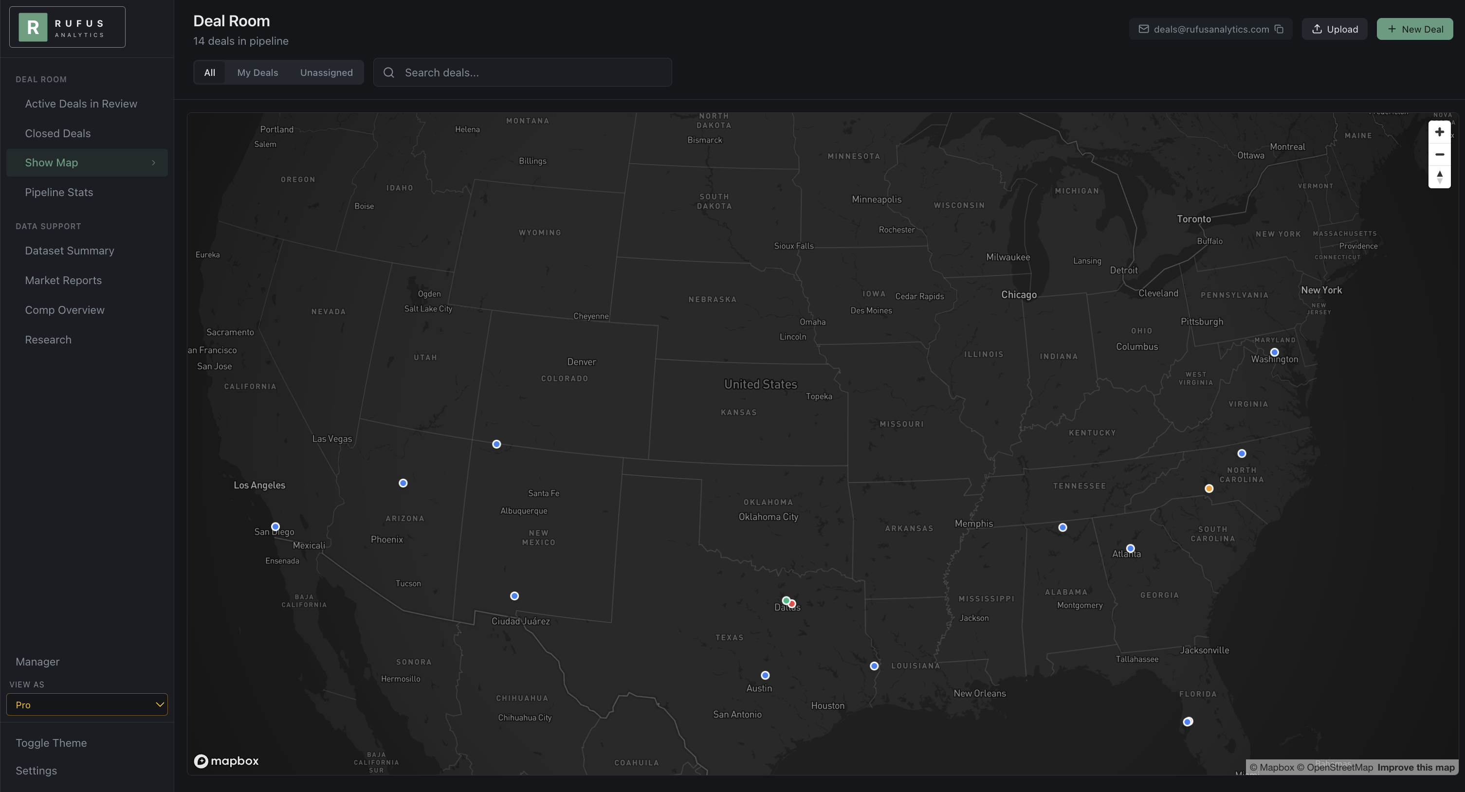 Deal Room map — every pin is a live deal